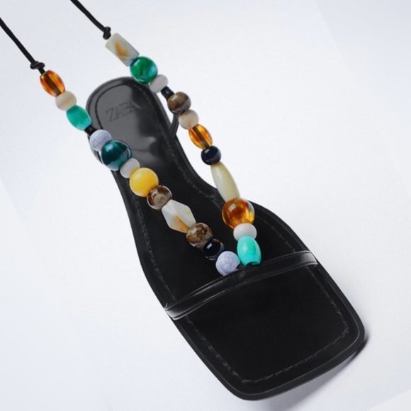 Black Zara Bead Embellished Strap-Ankle Low Heel Squared-Toe Sandals (NWT) - Picture 5 of 7